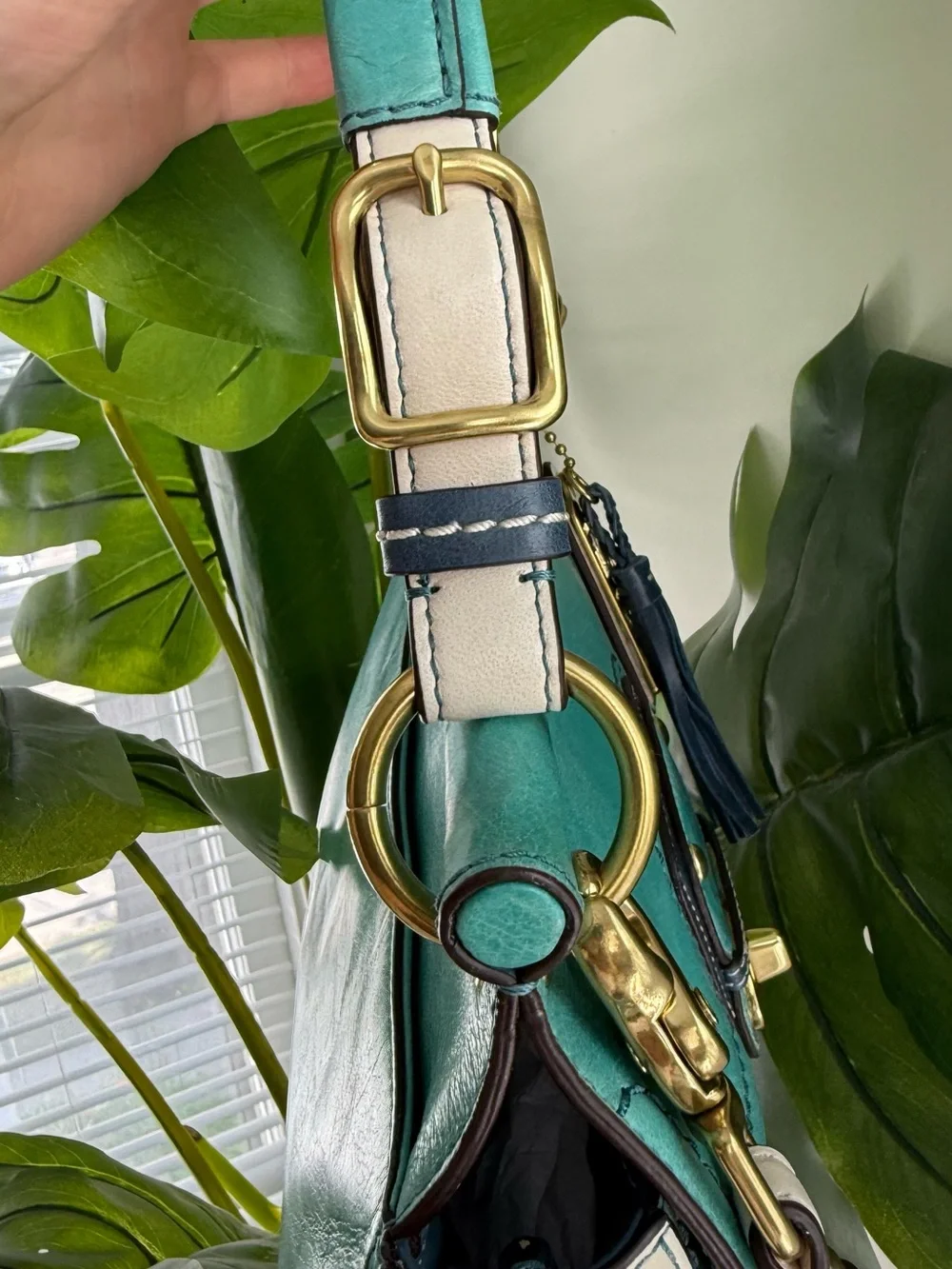 Coach Teal Leather Satchel with Tassel and Gold Hardware